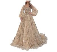 Berimaterry Ball Gowns for Women UK Fashion Bead Back Zipper Chest Cushion Ball Gown Glitter Long Sleeve V Neck Evening Dress Loose Casual Lace Pageant Prom Dresses Gold