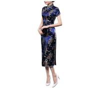 Berimaterry Cheongsam Dress for Women UK Traditional Chinese Dress Side Slit Slim Fit Midi Dress Mandarin Collar Short Sleeve Qipao Retro Long Printed Bodycon Dark Blue