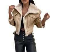 Berimaterry Faux Leather Jacket Women Faux Suede Leather Jacket Long Sleeve Lapel Overcoat Motorcycle Biker Sherpa-Lined Coat Fur Collar Winter Aviator Leather Coat Bomber Jacket Khaki