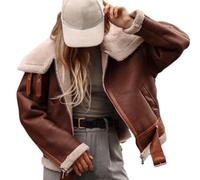 Berimaterry Fleece Jacket Women Faux Suede Leather Jacket Long Sleeve Lapel Overcoat Motorcycle Biker Sherpa-Lined Coat Fur Collar Winter Aviator Leather Coat Bomber Jacket Brown