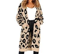 Berimaterry Ladies Longline Cardigans Leopard Print Long Knitted Open Cardigan Lightweight Long Sleeve Casual Sweater with Pockets Ladies Jumper Knitwear Top UK Khaki