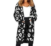 Berimaterry Ladies Longline Cardigans Leopard Print Long Knitted Open Cardigan Lightweight Long Sleeve Casual Sweater with Pockets Ladies Jumper Knitwear Top UK Black