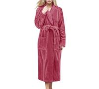 Berimaterry Ladies Nightdress Lightweight Dressing Gown Long Sleeve Solid Color V Neck Nightgown with Belt Winter Warm Pajamas Loungewear Fluffy Dressing Gowns Thick Fleece Nightgown Watermelon Red