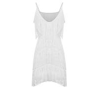 Berimaterry Ladies Tassel Dress Layered Fringe Deep V Neck Cami Mini Dress Sleeveless Tassels Flapper Dresses Cocktail Dress for Latin Tango Samba Cha Cha Party Vintage Dance Dress White