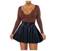 Berimaterry Leather Skirt for Women UK Ladies Sexy High Waist Faux Leather Wetlook PVC Flare Skater Mini Skirt hiny Metallic Wet Look Stretchy Flared Mini Skater Skirt Black