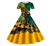 Berimaterry Party Dresses for Women Mardi Gras Print Dresses Fashion Party Dress 3D Digital Print Carnival Short Sleeve Round Neck Dress Vintage 1950s Evening Party Prom Dress Yellow