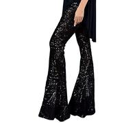 Berimaterry Sequin Pants for Womens UK Glitter Sequin Flared Trousers High Waist Wide Leg Trousers Leggings 70s 80s Theme Party Disco Rave Dance Outfit Fashion Y2k Streetwear Clubwear Black