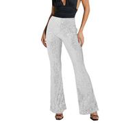Berimaterry Sequin Trousers High Waist Shiny Sequin Outfit Bell Trousers Ladies Wide Leg Flare Long Pants Evening Party Wear Fashion Y2K Glitter Trousers Sparkly Casual Long Pants White