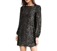 Berimaterry Sparkly Dresses for Women UK Elegant Formal Sequins Dresses Wrap Crewneck Long Sleeves Midi Bodycon Party Dress Party Sparkle Loose Fit Shift Mini Short Dress with Belt Black