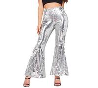 Berimaterry Womens Flared Trousers Sparkly Flare Leggings Bell Bottom High Waisted Skinny Clubwear Pants Fashion 70s Disco Flared Trousers Y2K Sequin Pants Nightclub Wear Silver