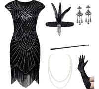 Berimaterry Womens Sequin Dress Flapper Dress 1920s Fancy Peaky Blinders Dress Sleeveless Cocktail Vintage Sequin Gatsby Party Bodycon Dress with Headdress Set Crewneck Beaded Fringed Dress Black