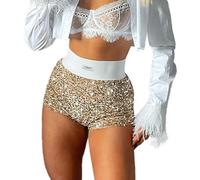 Berimaterry Women's Sequin Shorts High Elastic Waist Sparkly Straight Leg Shorts Solid Glitter Sparkly Party Hot Shorts Festival Glitter Costume Rave Pants Gold