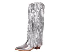 Berimaterry Women's Silver Knee High Boots, Size 7 UK, Ankle High, Fashion Folds, Shiny Patent Leather, 70s Metallic, Covers Cuffs, Shiny, Party & Daily Wear