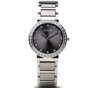 BERING Women's Quartz Watch, 29 mm Silver Stainless-Steel Case and Grey Dial, Stainless-Steel Strap with Ceramic Elements, 5 ATM, 10729-703