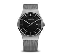 BERING Herren Quarz Uhr | 40 mm silbernes Edelstahlgehäuse und schwarzes Zifferblatt | Milanaisearmband | 3 ATM | 11938-002