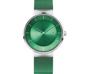 BERING Men's Solar Watch | 39mm Case | Wristwatch with Silver Case | Green Dial | Green Milanese Strap | 5 ATM | 14639-Charity