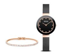 BERING Women's Quartz Watch, 29 mm Rose-Gold Stainless-Steel Case and Black Dial, Milanese Strap, Sapphire Crystal, 5 ATM, 11429-166-GWP1