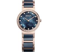 BERING Women's Quartz Watch, 29 mm Rose-Gold Stainless-Steel Case and Blue Dial, Stainless-Steel Strap with Ceramic Elements, 5 ATM, 10729-767