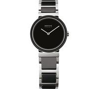 BERING Women's Quartz Watch, 29 mm Silver Stainless-Steel Case and Black Dial, Stainless-Steel Strap with Ceramic Elements, 5 ATM, 10729-742