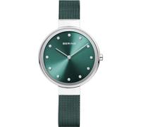Bering Women's Quartz Watch, 34 mm Silver Stainless-Steel Case and Green Dial, Milanese Strap, Sapphire Crystal, 3 ATM, 12034-808