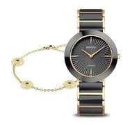 BERING Women's Watch and Bracelet Gift Set 11435-732-GWP - Polished Black HighTech Ceramic and Gold-Plated Stainless Steel Case with Swarovski Crystals, Elegant Floral Charm Bracelet