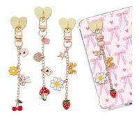 Berirexrion Charm Chains for Kindle - 3 Pcs Cute Cherry Flower Strawberry Accessories with Heart Hook Compatible for E-reader/iPad/Phone Gift for Reader Book Lover Bookish Women Men Girl Reading Decor