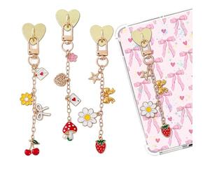 Berirexrion Charm Chains for Kindle - 3 Pcs Cute Cherry Flower Strawberry Accessories with Heart Hook Compatible for E-reader/iPad/Phone Gift for Reader Book Lover Bookish Women Men Girl Reading Decor