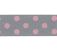 Berisfords 15 mm Polka Dot Spotty Grosgrain Ribbon, Grey/Pink