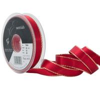 Berisfords 7696-RD-15 15 mm Gold Edge Satin Ribbon, Red