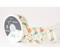 Berisfords Taffeta Patterned Ribbon Easter/Spring ‘Happy Hens’ Multicolour on Yellow 25mm Wide 25m Reel