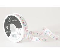 Berisfords Taffeta Patterned Ribbon ‘Rainbow Dreams’ Multicolour on White 15mm Wide 25m Reel