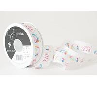 Berisfords Taffeta Patterned Ribbon ‘Rainbow Dreams’ Multicolour on White 25mm Wide 25m Reel