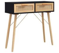 Berkfield Durable Console Table Black 80X30X75 Cm Solid Wood Pine&natural Rattan