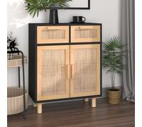 Berkfield Sideboard Black 60X30X75 Cm Solid Wood Pine And Natural Rattan