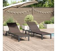 Berkfield Sunbeds 2 Pcs With Wheels And Table Brown Poly Rattan