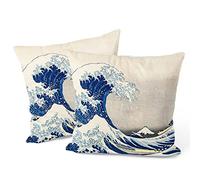 Berkin Arts Decorative Square Throw Pillow Covers Farmhouse Cushion Cases Designed of Art Landscape, Polyester Blend. Pack of 2, 18x18 Inch. Japanese Décor for Couch (The Great Wave by Hokusai)
