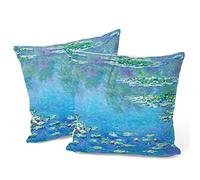 Berkin Arts Decorative Square Throw Pillow Covers Farmhouse Cushion Cases Designed of Art Landscape, Polyester Blend. Pack of 2, 18x18 Inch. Blue Green Froal for Chair (Water Lilies by Claude Monet)