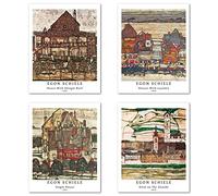 Berkin Arts Wall Art Unframed Prints Giclee Art Paper Set of 4, 11x14 inch Landscape Artwork, Bedroom Decoration Brown Abstract Antique Illustrations Geometric House Egon Schiele Paintings