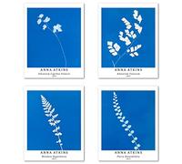 Berkin Arts Wall Art Unframed Prints Giclee Art Paper Set of 4, 8x10 inch Flower Artwork Medium Size, Livingroom Decoration Botanical Blue Minimalist Plant Illustrations Anna Atkins Posters
