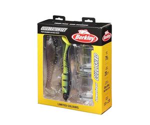 Berkley Soft Glide Fishing Bait Gift Set | 2x Cullshad Softbait Lures 20cm | PowerBait® Flavour | Predator Fishing | Berkley Swigs for Bigs Celebration Set with Bait and Shot Glasses