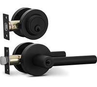 Berlin Modisch Entry Lever Door Handle and Single Cylinder Deadbolt Lock and Key Sleek Round Locking Lever Handle Set [Front Door or Office] Right & Left Sided Doors Heavy Duty - Iron Black Finish