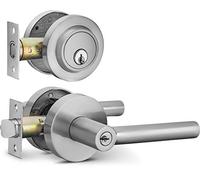 Berlin Modisch Entry Lever Door Handle and Single Cylinder Deadbolt Lock and Key Sleek Round Locking Lever Handle Set [Front Door or Office] Right & Left Sided Doors Heavy Duty - Satin Nickel Finish