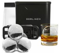 Berlinzo Premium Clear Ice Ball Maker - 2 Large 2.4" Crystal Clear Ice Balls for Whiskey, Cocktails & Bourbon, Easy-to-Remove Ice Sphere Mold, Storage Bag & Ice Stamp Press Ring Included, Black