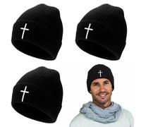 Berlune 3 Pcs Christian Cross Beanie Religious Beanie Winter Hat with Cross Pattern for Men Women Catholic Saint God, Black, One size