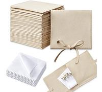 Berlune 30 Pcs Microfiber Jewelry Pouch 8 x 8 cm Jewelry Packaging Bag Luxury Jewelry Gift Bags with Cleaning Cloth for Bracelet Packaging Bow Tie Envelope Style with String and Divider (Khaki, White)