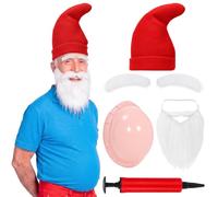 Berlune 4pcs Halloween Elf Gnome Costume Accessories Red Gnome Hat with White Beard Eyebrows & Inflatable Belly Dwarf Cartoon Character Cosplay Set for Halloween Dress up Stage Party Performance