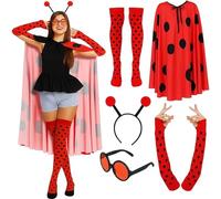 Berlune 5 Pcs Halloween Ladybug Costume Set for Women Girls Ladybug Outfits Included Lady bug Cloak Headband Gloves Sunglasses and Sock Halloween Birthday Party Cosplay Clothes