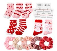 Berlune 5 Set Valentine Womens Red Fuzzy Socks Gift Set Cozy Plush Warm Socks 5 Velvet Hair Scrunchies 5 Bracelet for Teens, Red, 1 Count (Pack of 5)