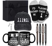 Berlune 9 Pcs Christmas Chess Gifts Set Keychain Baseball Cap Coffee Mug Socks Ballpoint Pen Set of 4 Gift Box for Player Coach Chess Lover Husband Father's Day Xmas Holiday Gift