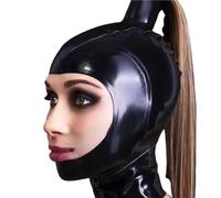 BERMEL Latex Hood with wig Rubber HeadMask,Latex Head Cover,Back Zipper,Handmade for Unisex Cosplay Club Wear (2XL)